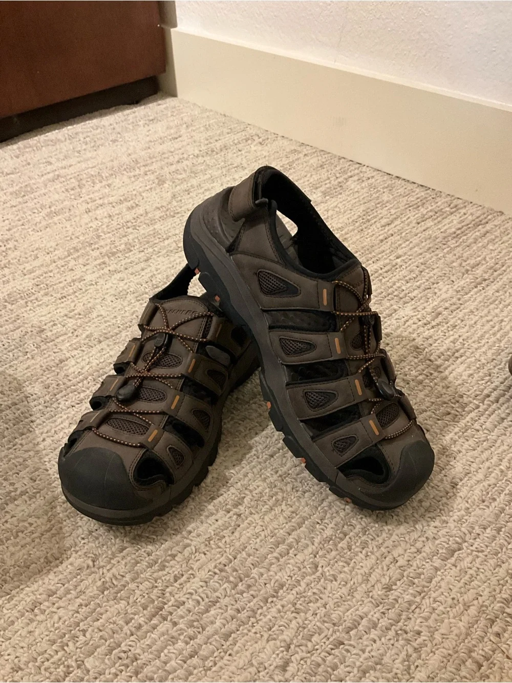 Skechers Men’s Brown and Black Outdoor Sport Sandals with Orange Accents